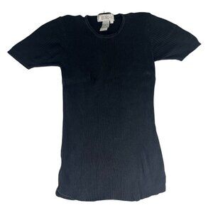 Euro-X Silk Ribbed Blouse T-Shirt Women's M Black Round Neck Short Sleeve Casual